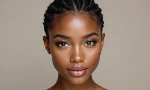 Visage d'une jeune femme à la peau foncée, maquillée, avec une tresse cheveux court sur le dessus de la tête.