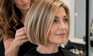 Une coiffeuse ajuste la coupe **comb over** d'une cliente souriante. Cheveux blonds et châtains, coupe courte et élégante.