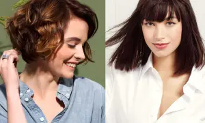 Deux femmes souriantes affichent un photo coupe carré femme. L'une a un carré court ondulé, l'autre un carré long avec frange.