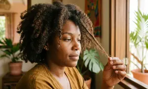 Une femme examine ses cheveux abîmés, se demandant que faire pour les revitaliser.