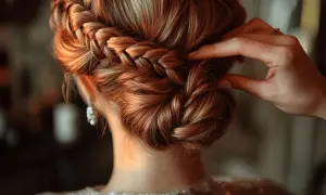 Une main ajuste une magnifique coiffure tresse, un chignon élégant orné de mèches blondes cuivrées.