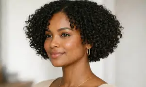 Une femme au carré court bouclé naturel, souriant doucement. Ses boucles définies encadrent son visage radieux.