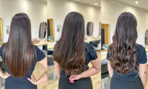 Trois vues du dos d'une femme montrant la transformation de ses cheveux : raides, ondulés puis bouclés après un brushing.