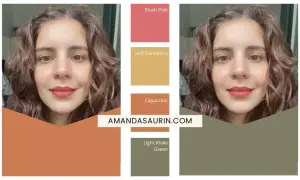 Conseils pour savoir quelle couleur de cheveux nous va : une femme avec des mèches châtain clair et des couleurs de maquillage suggérées.