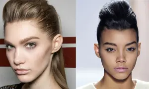 Deux mannequins arborent une coupe avec volume, l'une avec des épingles à cheveux dorées, l'autre avec un chignon haut.