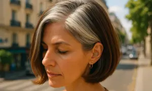Une femme au regard doux, laissant pousser ses cheveux blancs, se promène dans une rue parisienne.