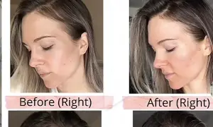 Avant/après : le visage et la ligne frontale d'une femme. Le traitement semble favoriser la pousse des cheveux.