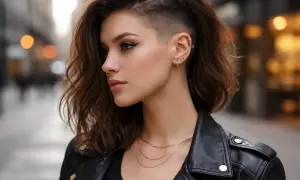 Une femme aux cheveux rasés sur les côtés, portant une veste en cuir et plusieurs bijoux, pose en extérieur.