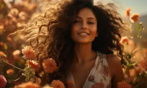 Une jeune femme souriante aux cheveux bouclés et volumineux, entourée de fleurs orangées. Le nombre de cheveux est impressionnant, comme une cascade dorée.
