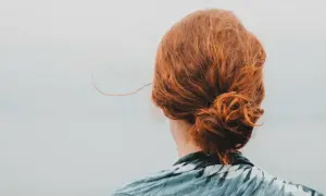 Chevelure rousse coiffée en un chignon facile, quelques mèches s'échappent dans la brise légère.