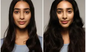 Avant/après : une femme aux cheveux bruns, lisses puis ondulés. Elle ne se rince pas les cheveux tous les jours.