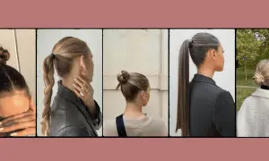 Cinq coiffures plaquées pour cheveux mi-longs : chignons, queues de cheval tressées et lisses.