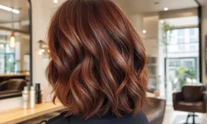 Chevelure ondulée aux reflets cuivrés, une transformation réussie de brune à rousse, mise en valeur dans un salon de coiffure moderne.