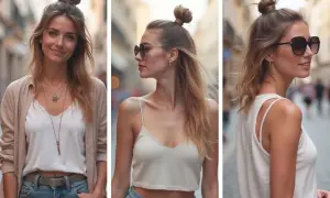 Trois portraits de femme avec un chignon haut. La première sourit, la deuxième porte des lunettes de soleil rondes, la troisième des lunettes de soleil oversize.
