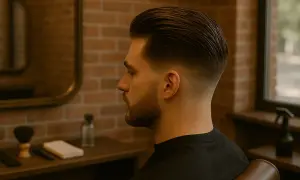 Un homme arbore une coupe de cheveux homme undercut avec un dégradé impeccable, le tout dans une ambiance de salon de coiffure.