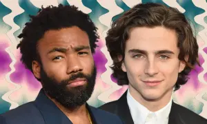 Donald Glover et Timothée Chalamet, deux styles de laisser pousser les cheveux homme, sur fond abstrait.