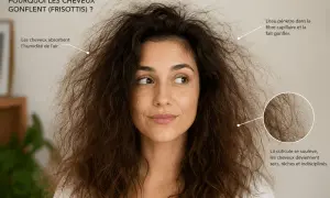 Une femme aux cheveux gonflés et indisciplinés, expliquant pourquoi mes cheveux gonflent à cause de l'humidité et de la cuticule soulevée.