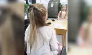 Une petite fille avec une jolie demi queue de cheval torsadée, assise à une table.