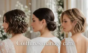 Trois mariées aux cheveux carrés : l'une ornée de fleurs, l'autre en chignon élégant, la troisième avec une tresse sur le côté.