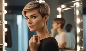 Une femme au regard confiant arbore une coupe pixie rasé, se préparant devant un miroir éclairé.