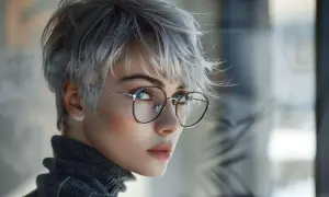 Jeune femme avec une coupe courte cheveux gris et lunettes rondes, regardant par-dessus son épaule.