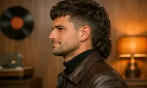 Un homme au mulet bouclé, veste en cuir marron, profil gauche, ambiance rétro avec vinyle et lampe.