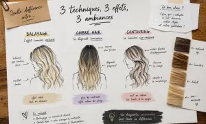 Comparaison visuelle des techniques de balayage, ombré hair et contouring pour comprendre la différence et choisir le style adapté.