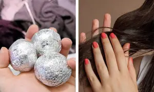 Astuce pour enlever électricité statique cheveux : boules d'aluminium dans la sécheuse. Mains avec vernis corail caressant des cheveux bruns.