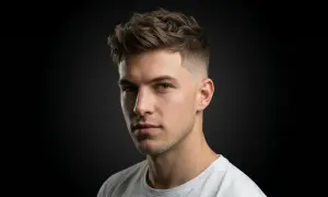 Un jeune homme au regard intense, arborant une coupe de cheveux moderne avec un dégradé inversé impeccable sur les côtés.