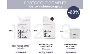 Protocole détox pour cheveux gras : boue, shampoing rééquilibrant, shampoing sec. Solution contre les cheveux gras.