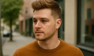 Un homme avec un quiff texturé, portant un pull marron, se tient dans une rue.