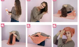 Étapes pour comment sécher ses cheveux bouclés avec une serviette : application de produit, scrunching, pose sur serviette, pliage, et turban.