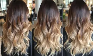 Chevelure brune aux pointes blondes, un magnifique balayage dégradé aux ondulations douces.