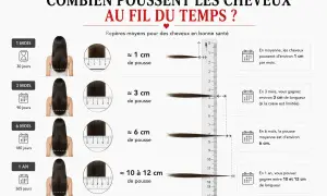 Les cheveux poussent d'environ 1 cm par mois. L'image montre la croissance des cheveux sur 1 mois, 3 mois, 6 mois et 1 an.