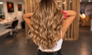 Chevelure longue et ondulée, aux reflets blonds subtils, parfaite pour éclaircir ses cheveux colorés. Un chouchou rose orne le poignet.