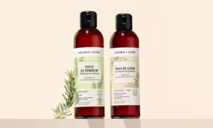 Deux flacons Aroma-Zone : Huile de Romarin et Huile de Chébé, pour comment fortifier ses cheveux.