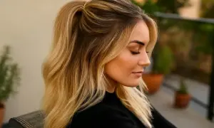 Une femme aux cheveux blonds dégradés, attachés en queue de cheval haute. Une inspiration pour savoir comment faire un balayage maison.