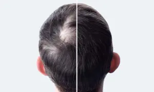 Comparaison avant/après : le côté gauche montre des cheveux clairsemés, le côté droit une chevelure plus dense.