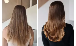 Avant/après : des mèches subtiles et lumineuses obtenues avec une coloration végétale.