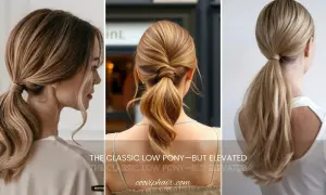 Trois vues de chignons cheveux long : une queue de cheval basse classique, une torsadée et une autre ondulée.