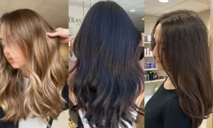 Trois femmes aux cheveux longs et ondulés. La première a une coloration ton sur ton châtain clair avec des reflets blonds. La deuxième a des cheveux d'un noir profond. La troisième a une coloration ton sur ton châtain foncé.