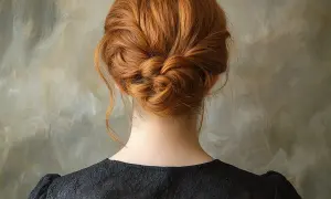Une chevelure rousse magnifiquement coiffée en un chignon tressé, orné de quelques mèches rebelles.