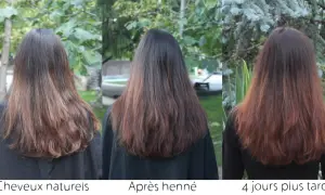 Chevelure brune avant, après le henné et 4 jours plus tard. Le henné a apporté une belle teinte cuivrée.