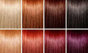 Échantillons de mèches de cheveux : blond, roux, brun, noir, cuivré, rouge vif, bordeaux et violet. Une palette pour aider à connaitre sa couleur de cheveux idéale.