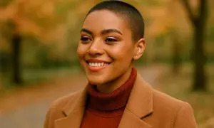 Une femme au buzz cut, souriante, porte un manteau camel et un col roulé rouille. L'automne est là.
