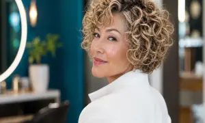 Femme de 60 ans avec une magnifique coupe de cheveux frisés et bouclés, souriant avec confiance.