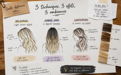 Comparaison visuelle des techniques de balayage, ombré hair et contouring pour comprendre la différence et choisir le style adapté.