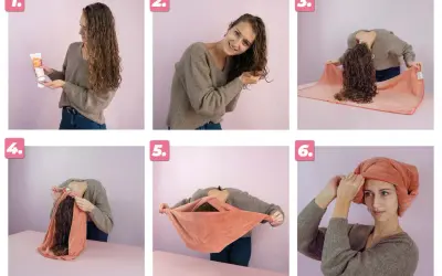 Étapes pour comment sécher ses cheveux bouclés avec une serviette : application de produit, scrunching, pose sur serviette, pliage, et turban.