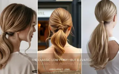 Trois vues de chignons cheveux long : une queue de cheval basse classique, une torsadée et une autre ondulée.