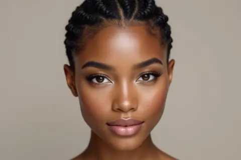 Visage d'une jeune femme à la peau foncée, maquillée, avec une tresse cheveux court sur le dessus de la tête.